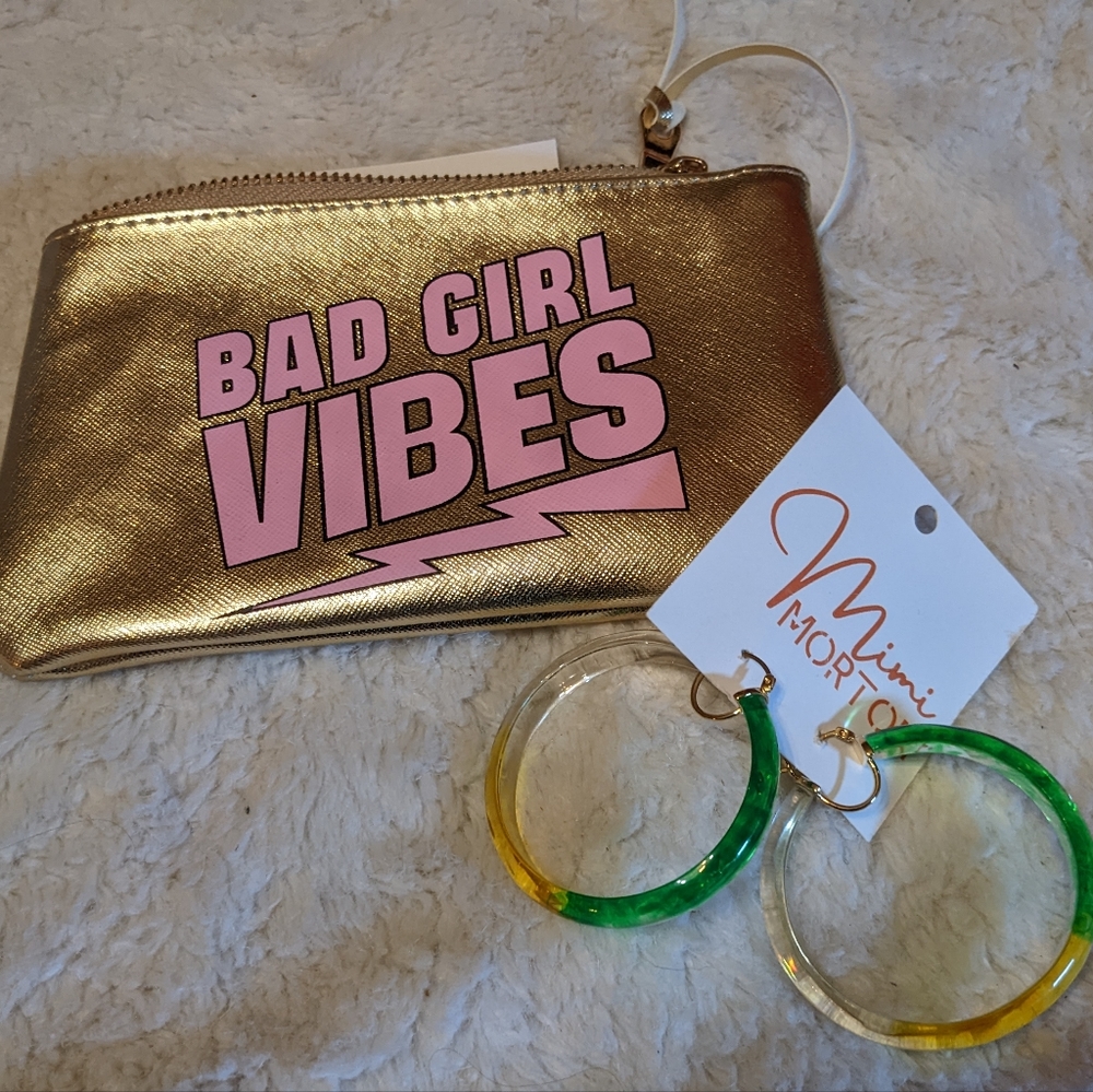 Bad Girl Vibes makeup bag and hoop earrings